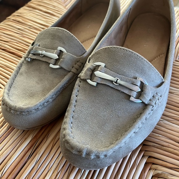 AEROSOLES Taupe Suede Day Drive Loafers with Silver Bit Accent - Picture 1 of 13